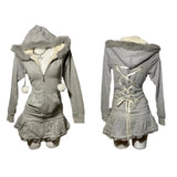 cold weather outfits Joskaa Winter Coat Retro Fur Collar Hooded Sweatshirt Mini Skirt Extra Long Fake Two Piece Dress Punk Y2K Female Gray Slim Dress Jacket