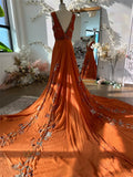 Joskaa BOHO Orange Chiffon Elegant Party Sleeveless V-neck Long Train Evening Dress Floor-Length Flowers vestidos de fiestas-(PRE-ORDER)