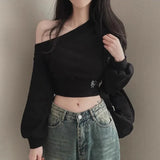 cold weather outfits Joskaa 2024 Autumn Winter Women Irregular Off Shoulder Hoodies Long Sleeve Sexy Crop Top Streetwear Pullovers Sweatshirt