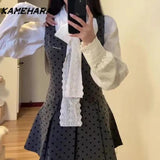 Joskaa Spring Autumn Wave Dot Dress Korean Version Bow Tie Up Shirt Women's Small Fragrant Style Mini Skirt Chic 2 Piece Sets