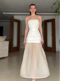 Joskaa Elegant Off Shoulder Patchwork Mesh Hem Dress Chic Pleated Strapless See Through Woman Vestidos Fashion Lady Vocation Party Robe