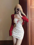 Joskaa Korean 2 Piece Dress Sets Women Casual Knitted Short Cardigan + Outwear Elegant Sweet Floral Strap Mini Dress Chic 2025 Spring