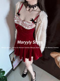 Joskaa 2025 New Christmas Red Elegant Evening Party Dress Women Sweet Spicy Girl Velvet Halter Dress Autumn Winter Y2k Sexy Mini Dress
