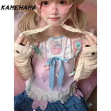 Joskaa Summer Y2k Japanese Sweet Cute Soft Girl Lace T-shirt Bow Flying Sleeves Cat Ear Tank Top العاب جنسية  민소ë§?í‹?여성 Y2k Top