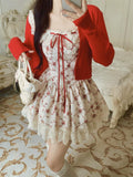 Joskaa Summer Floral Lace Suit Woman Elegant Sleeveless Y2k Mini Dress + Casual Red Short Cardigan Kroean Fashion 2 Piece Dress Set