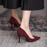 Joskaa Women High Heel Shoes Sharp Pointed Thin Heel High-heeled Pumps Shoes New Suede Black Red Blue Women's Single Shoes Big Size 42