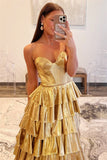 Joskaa Gold Ruffle Tiered Prom Gown Strapless Elegant Sleeveless Evening Formal A-line Floor-Length Party Dress for Women 2024-(PRE-ORDER)