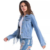 christmas outfit Joskaa Back Sleeves Tassel Denim Jacket Coat 2025 Autumn New Blue Jean Jacket Woman