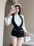 Joskaa 2025 Autumn French Sweet Hot Girl Commuting Suit Women Halter Strap Shorts Ruffled Long Sleeve Shirt Elegant Slim 2 Piece Set