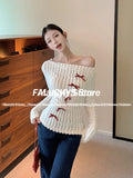 Joskaa Autumn Winte Sweet Bow Knitted Pullover Women Off Shoulder Sexy Chic Long Sleeve Sweaters Korean Style Kawaii Fashion Tops New