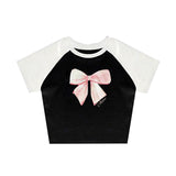 Joskaa Printed top emo girls bow pattern cute casual Y2K crop top sexy street retro grunge punk harajuku aesthetic chic women's babytee