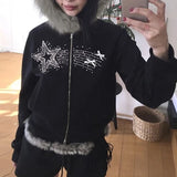 cold weather outfits Joskaa Streetwear Zip Hoodie Fleece Hat Solid Color Embroidered Sequins Y2K Women Hip Hop Retro Harajuku Punk Cropped Hoodie Sweatshirt