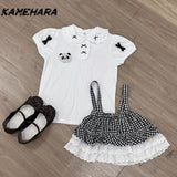 Joskaa Japanese Soft Girl Cute Doll Collar Cartoon Short Sleeve T-shirt Sweet Lace Strap Grid Cake Puff Skirt Y2k 2-piece Sets