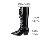 thanksgiving outfit Joskaa Patent Leather Women Knee High Boots Pointed Toe Chunky Heel 6.5cm Lace Up Decor Size 44 45 46 Booties