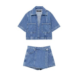 thanksgiving outfit Joskaa 2024 Spring Summer Casual Denim Women Suits Fashion Pockets V Neck Pullover Half Sleeve Shirts+Chic Mini Shorts Skirts