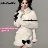 Joskaa Autumn French High-end Fashion 3-piece Set Fur Collar Shawl Style Bow Top Harajuku Style Half Skirt High-end Y2k Sets