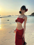 Joskaa 2025 Summer Red Sexy Holiday Dress Suit Hot Girls 2000s Sweet Casual Camios + Elegant Fashion Midi Skirt Beach Style Clothing