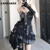 Joskaa Fashion Spicy Girl Subculture Slimming Contrasting Suspender Short Dresses New Design Sense Lace Patchwork Y2k Vestidos