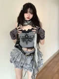 Joskaa Summer Gothic Punk Style 2 Piece Set Women Lace Print Streetwear Slim Tops + Y2k Kpop A-line Cake Skirts 2025 Korean Fashion