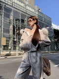 cold weather outfits Joskaa New Retro Suit Leopard Print Fur Collar Hoodie Women Clothes Casual Simple Y2K Street Wide Leg Pants Zipper Jacket Two Piece Set