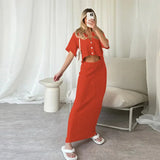 Joskaa Casual Knit Hollow Out Skirt Sets Women 2 Pieces Loose Lapel Button Short Sleeve Crop Top Long Skirts 2024 Summer Lady Outfits