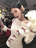 Joskaa Autumn Winte Sweet Bow Knitted Pullover Women Off Shoulder Sexy Chic Long Sleeve Sweaters Korean Style Kawaii Fashion Tops New