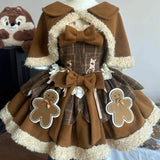 Joskaa Christmas Sweet Lolita Brown 2 Piece Sets Woman Harajuku Cape Coats + Cute Bow Dress Kawaii Warm Vintage Suit Winter Y2k Outfits