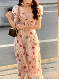 Joskaa 2025 Summer French Elegant Floral Midi Dress Women Beach Style Casual Evening Party Dress Short Sleeve Korean Fashion Sudress