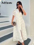 Joskaa Elegant Lace Embroidery Single Breasted Dress Women Loose V-neck Lantern Sleeve Female Dresses 2024 Summer Lady Holiday Robe New