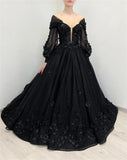 Joskaa Puffy Sleeve Prom Dress Luxury 3D Flower Long Train Vestidos De Fiesta Gothic Ball Gown Wedding Dress فساتين سهرة-(PRE-ORDER)