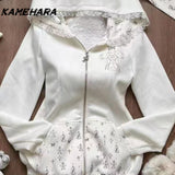 Joskaa Sweet Girl Cute Hooded Ear Set Lace Up Hoodie Jacket Fashionable High Waisted Cake Skirt Spring Autumn Y2k 2 Piece Set