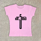 Joskaa Cross print letter tops urban rock aesthetic Y2K crop tops emo girl casual chic sexy grunge punk fashion hop retro women babytee