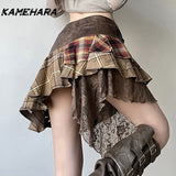 Joskaa E-girl Gothic Y2k Irregular Grid Splicing V-shape Waist Plaid Skirt Retro Personalized Lace Short Skirt Female Clothing