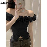 Joskaa Spring Hot Girl Y2k Lace Irregular Tee Summer Slim Fit Short Style Pure Desire Wind Sexy One Shoulder Exposed Navel Top