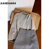 Joskaa Japanese Shibuya Grey Sweater Paired Polka Dot Mini Skirt Winter Korean Sweet Spicy Streetwear Y2k 2 Piece Sets Платье