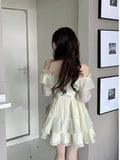 Joskaa Long Sleeve Elegant Mini Dress Lolita Pure Color Short Party Dress Woman Casual 2025 Spring Sweet One Piece Dress Korean Fashion