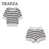 thanksgiving outfit Joskaa 2024 Spring Summer Beach Style knitted Women Suits Fashion Striped Hollow Out Short Shirts+Elastic Waist Mini Shorts