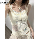 Joskaa American Lace Patchwork Camisole Women's Summer New Fashion Slim Fit Dopamine Sleeveless Spicy Girl Tops 민소ë§?í‹?여성 Y2k