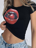 Joskaa Y2K Cherry Lips Print Crew Neck Crop Top