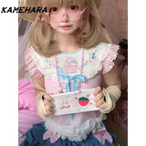 Joskaa Summer Y2k Japanese Sweet Cute Soft Girl Lace T-shirt Bow Flying Sleeves Cat Ear Tank Top العاب جنسية  민소ë§?í‹?여성 Y2k Top