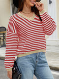 christmas outfit Joskaa Long Sleeves Loose Contrast Color Jacquard Striped V-Neck Pullovers Sweater Tops