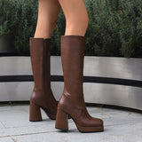 thanksgiving outfit Joskaa Women Knee High Boots Toe Block Heels 10cm Platform 2.5cm Big Size 43 Concise Female Bota