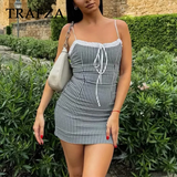 thanksgiving outfit Joskaa 2024 Spring SUmmer Sexy Women Dresses Fashion Plaid Strapless Slim Sleeveless Zipper Lace-up Chic Camisole Mini Dresses