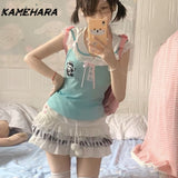 Joskaa Ins Japanese Cute Collar Folded Sleeveless Short Camis Fashion Backless Soft Girl Embroidered Y2k T-shirt العاب جنسية