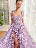 Joskaa Luxury Purple 3D Flowers Party Dresses Spaghetti Strap vestidos de fiesta Elegant Sleeveless Side Split فساتين سهرة 2024-(PRE-ORDER)