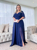 Joskaa Comfy Chiffon A-line Prom Dress Side Split Vestidos De Fiesta Navy Blue Puffy Sleeve فساتين سهرة-(PRE-ORDER)