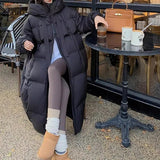 cold weather outfits Joskaa Long Sleeve Zipper Pocket Long Coat Casual Thicken Warm Hooded Down Coat Lady Office Parkas Fall Winter Down Coat