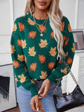 christmas outfit Joskaa Long Sleeves Loose Contrast Color Jacquard Knitted Leaves Split-Joint Round-Neck Pullovers Sweater Tops