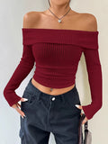 christmas outfit Joskaa Long Sleeves Skinny Pleated Solid Color Split-Joint Off-The-Shoulder Sweater Tops