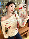 Joskaa Autumn Winte Sweet Bow Knitted Pullover Women Off Shoulder Sexy Chic Long Sleeve Sweaters Korean Style Kawaii Fashion Tops New